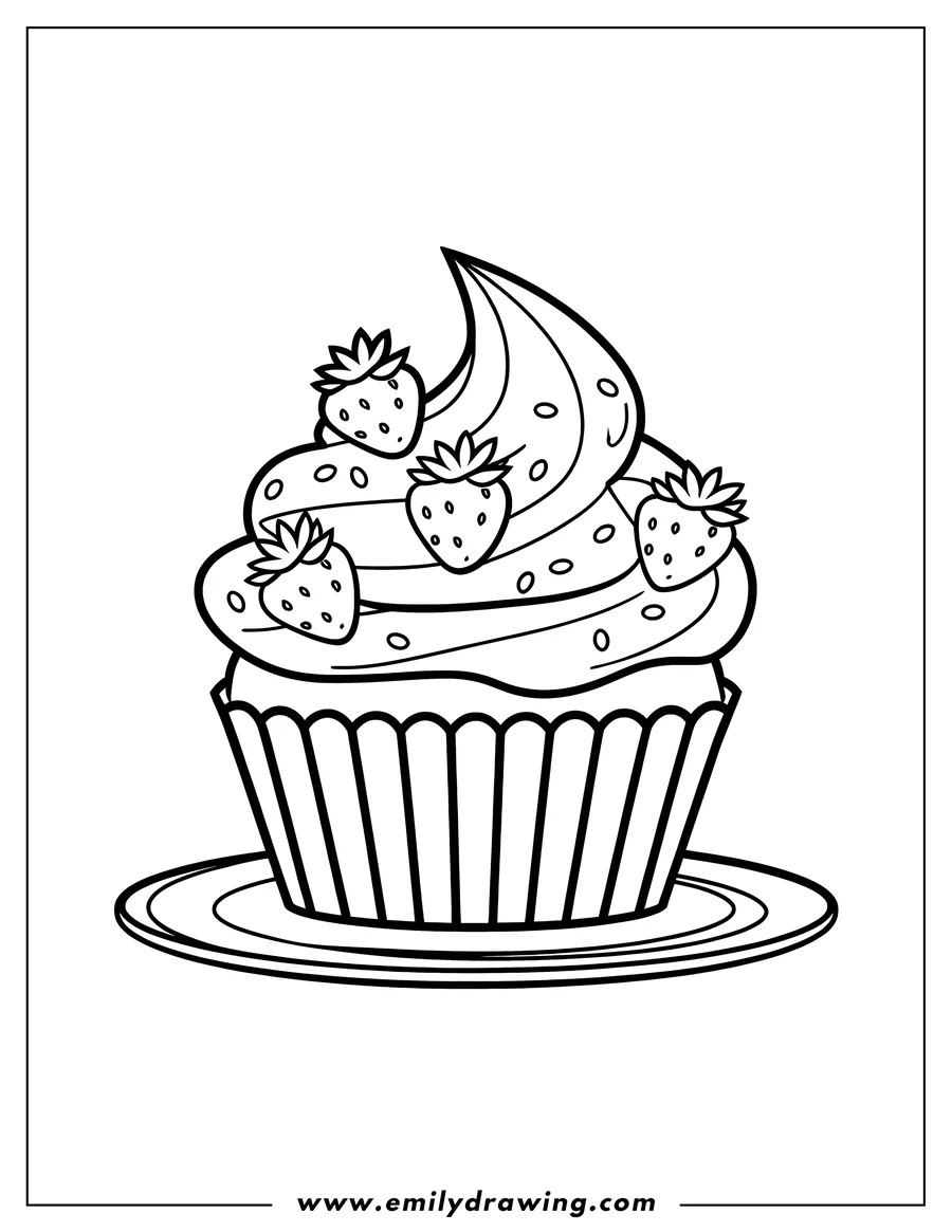 Outline of a cupcake topped with swirled frosting and decorated with four strawberries, sitting on a small plate.
