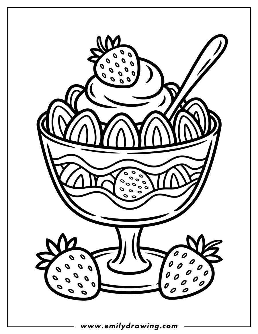 Outline of a strawberry dessert in a stemmed glass bowl, with whipped cream, sliced strawberries, and two whole strawberries beside the bowl.
