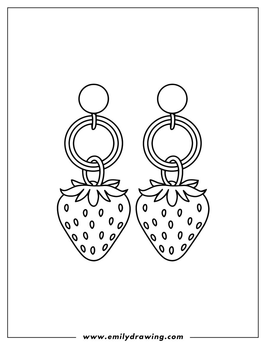 Line art illustration of a pair of strawberry earrings. Each earring features a strawberry pendant hanging from a simple hoop and stud.