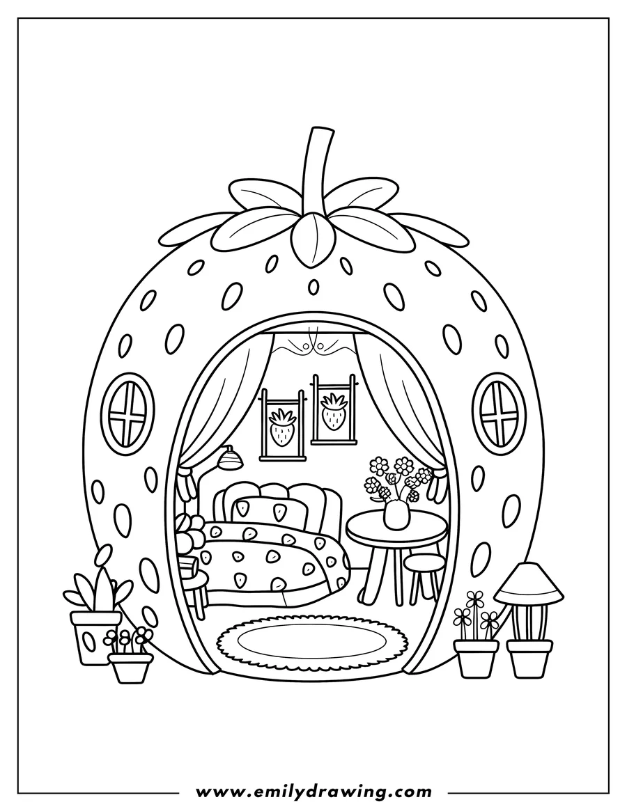 Line art of a cozy house shaped like a strawberry, with a bed, table, and flowers inside.
