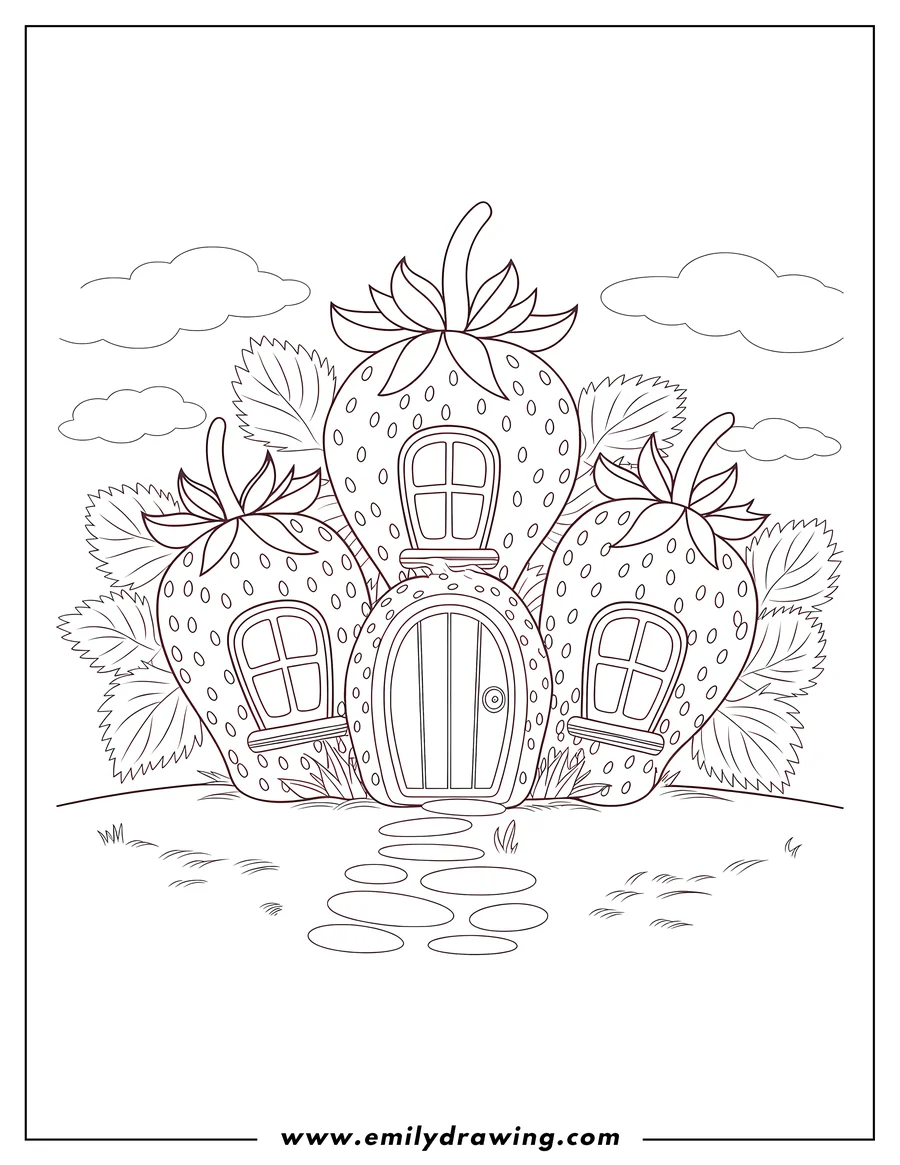 Outline of three strawberry houses with windows and a door, nestled on a grassy hill with a stepping stone path.