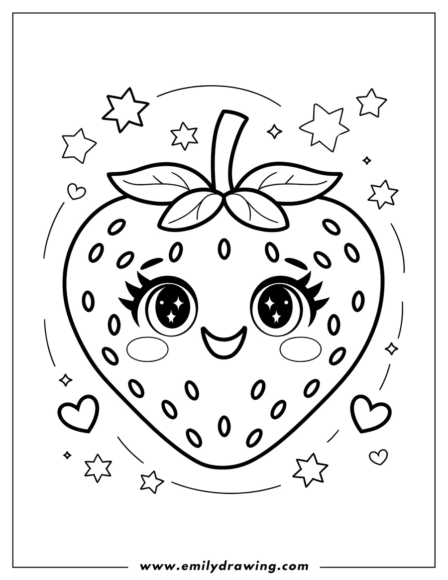 Outline drawing of a strawberry with a cute, kawaii-style face, large sparkling eyes, and a happy smile. It is surrounded by small stars and hearts.