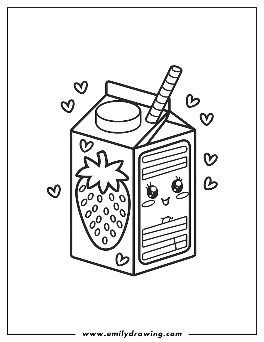 Line art of a kawaii style strawberry milk carton with a cute face, a striped straw, and hearts surrounding it.