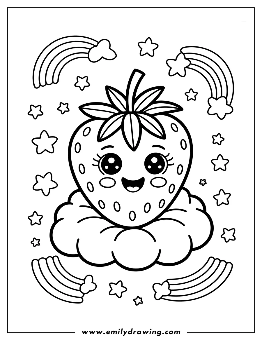 Outline of a cute strawberry sitting on a cloud, surrounded by rainbows and stars.
