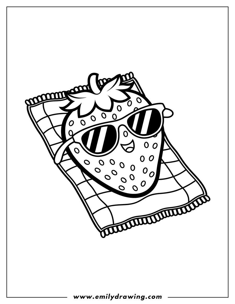 Outline of a smiling strawberry wearing sunglasses and lying on a checkered towel