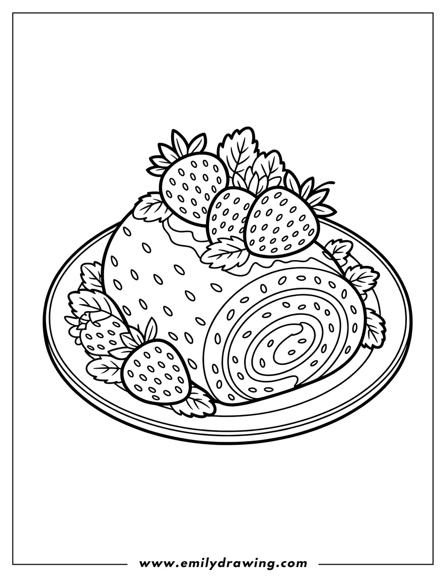 Line art of a strawberry swiss roll on a plate, topped with fresh strawberries.