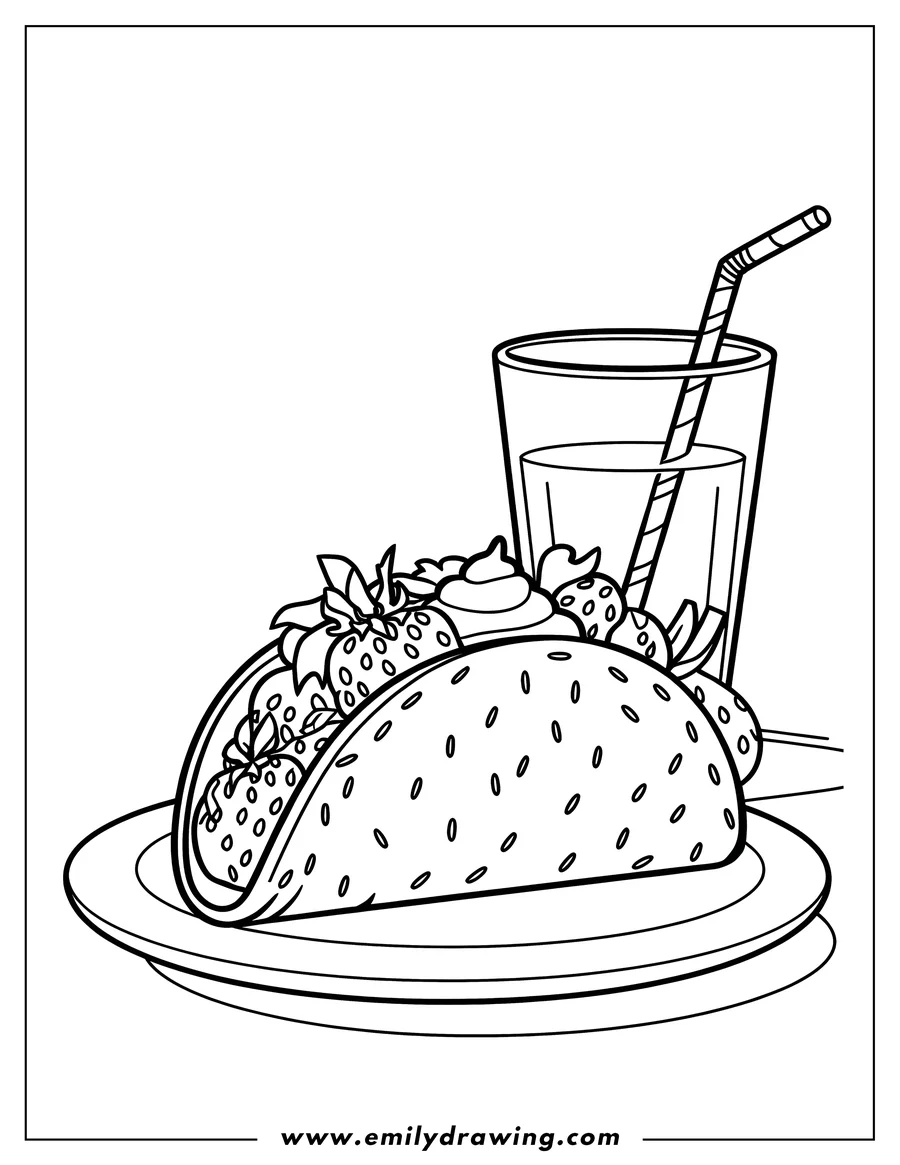 Line art of a strawberry taco on a plate with a glass of juice and a straw.