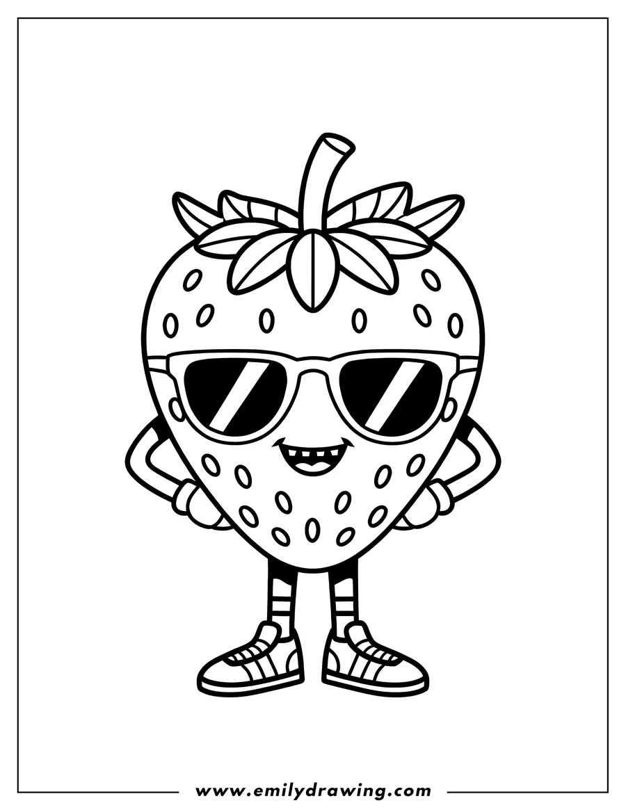 Line art of a cool strawberry wearing sunglasses and sneakers. It's smiling and ready to be colored.