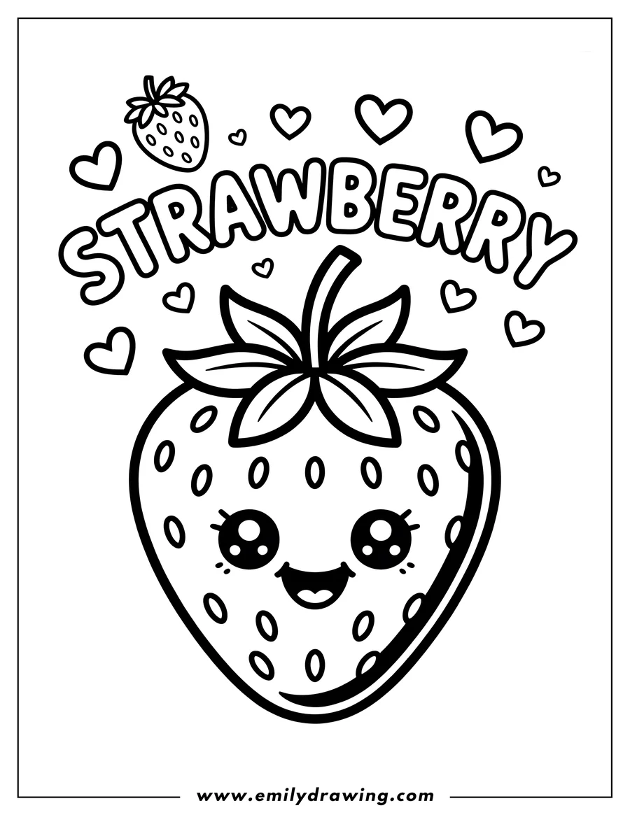 Line art of a smiling strawberry with hearts surrounding it.