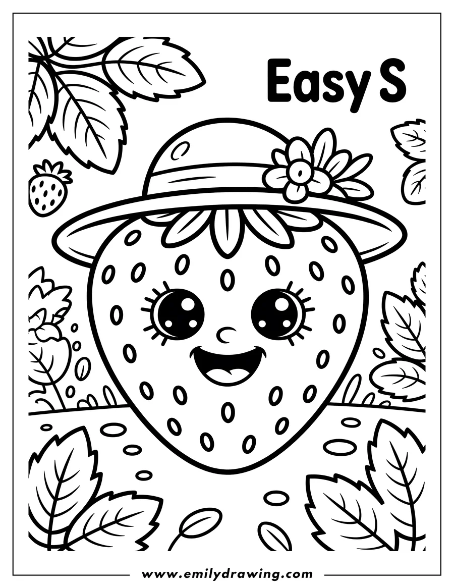 Outline of a happy strawberry wearing a large sun hat with a flower on it, surrounded by strawberry leaves.