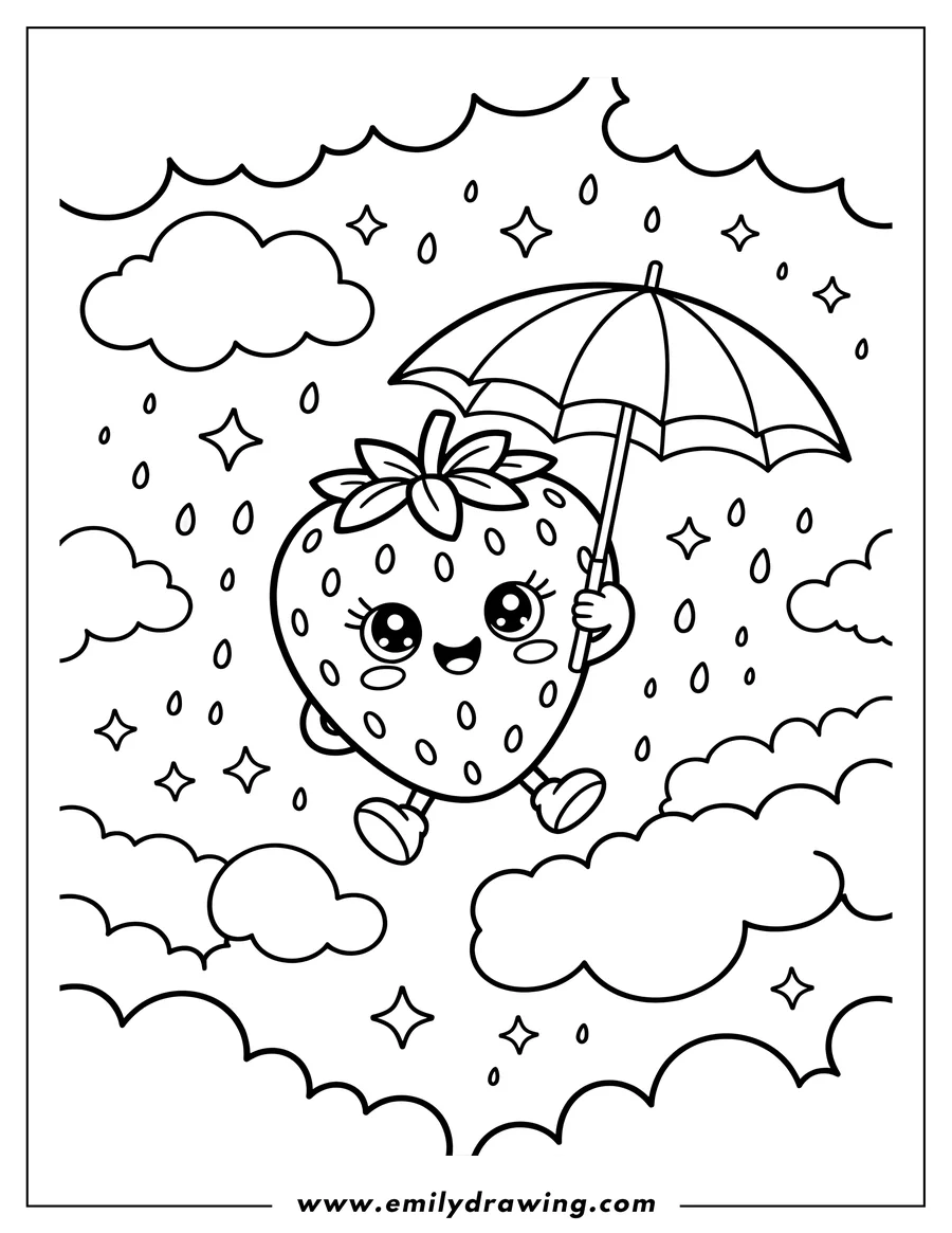 Outline of a cute strawberry holding an umbrella, floating among clouds, raindrops, and sparkles.