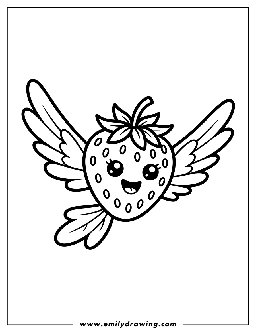Line art of a cheerful strawberry with wings, as if it's flying.