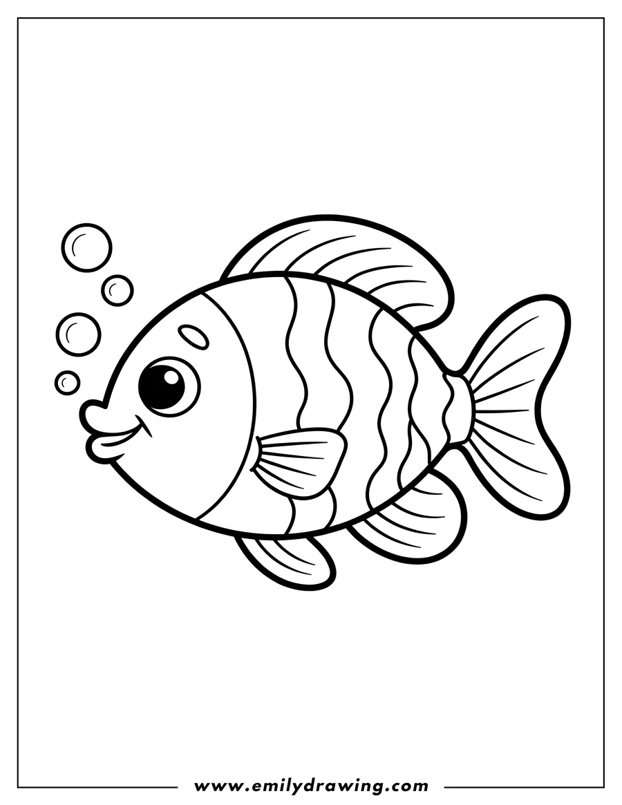 Line art of a striped fish with large eyes and several fins. It appears to be blowing bubbles.