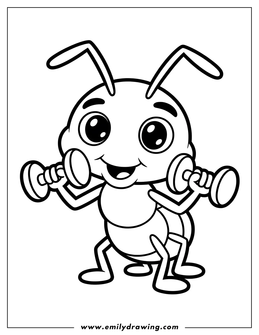 Outline of a strong ant exercising with dumbbells. It looks happy and determined to get fit.