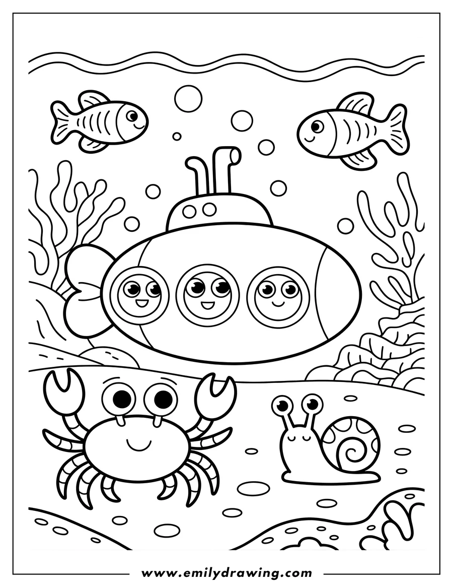 Line art of a submarine underwater with a crab, a snail, and two fish. Bubbles float up from the submarine.