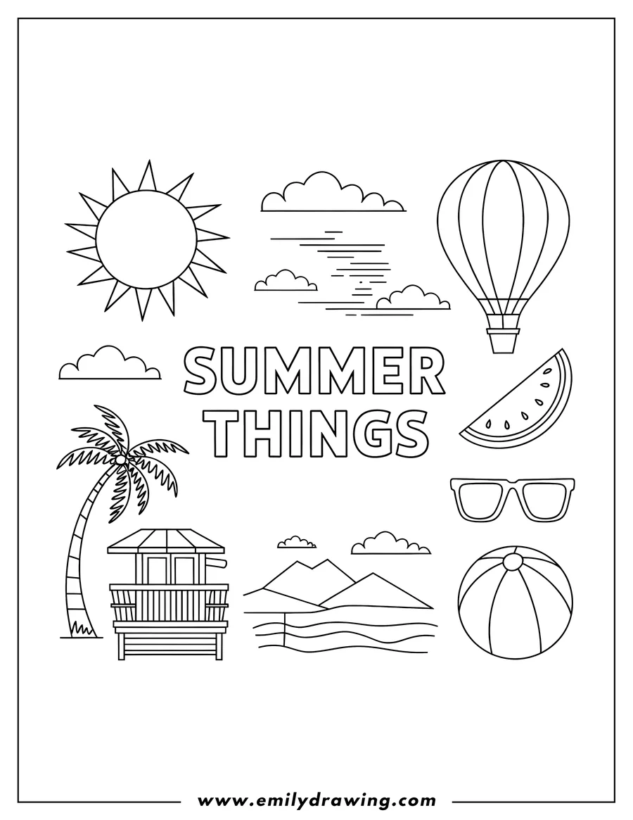 Outline of a summer beach scene with various elements like a lifeguard stand, palm tree, hot air balloon, watermelon, sunglasses, and beach ball.