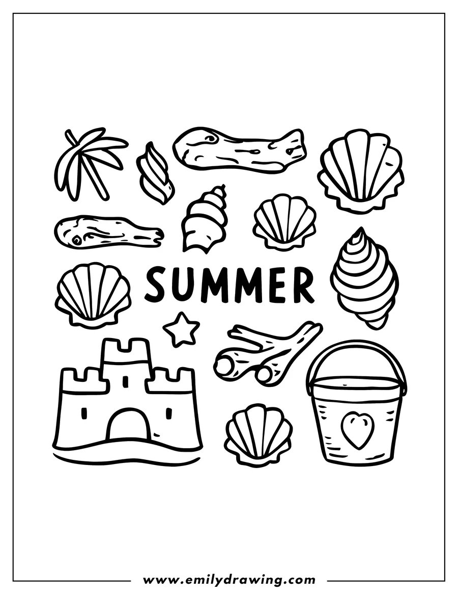 Outline of summer beach items including palm leaf, seashells, sandcastle, bucket and driftwood.