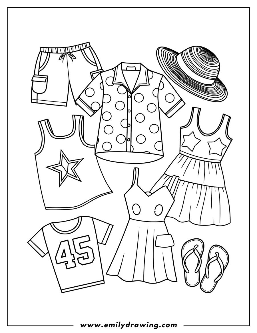 Line art of various summer clothes including shirts, shorts, dresses, and flip-flops.