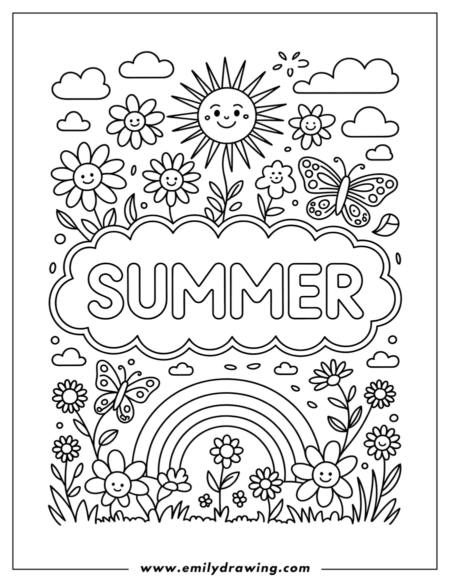 Outline of a summer scene with smiling flowers, butterflies, a smiling sun, clouds, and a rainbow.