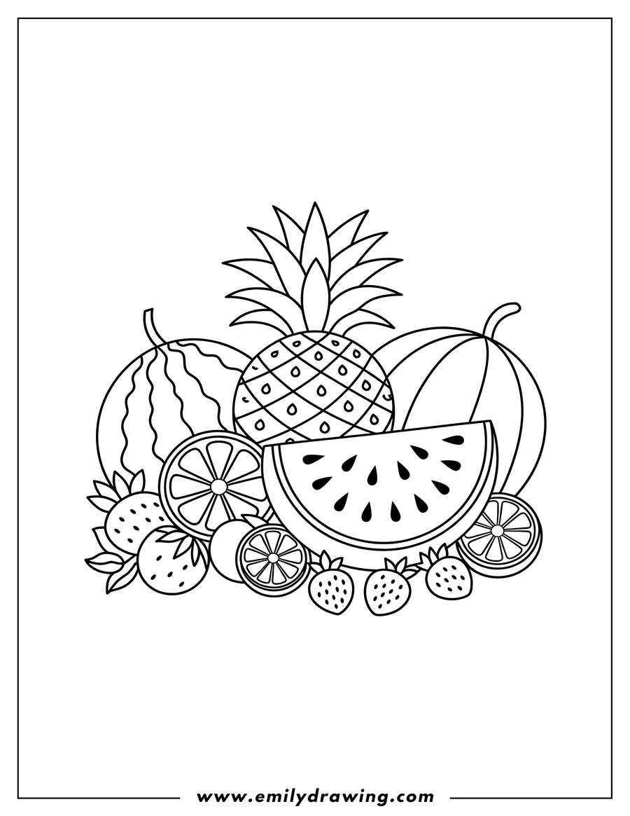 Line art of various summer fruits including a pineapple, whole watermelons, a watermelon slice, strawberries, orange slices, and a lime.