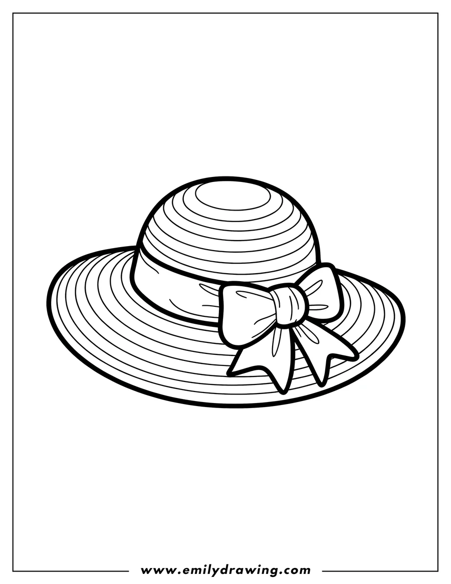 Line art of a wide-brimmed summer hat decorated with a bow.