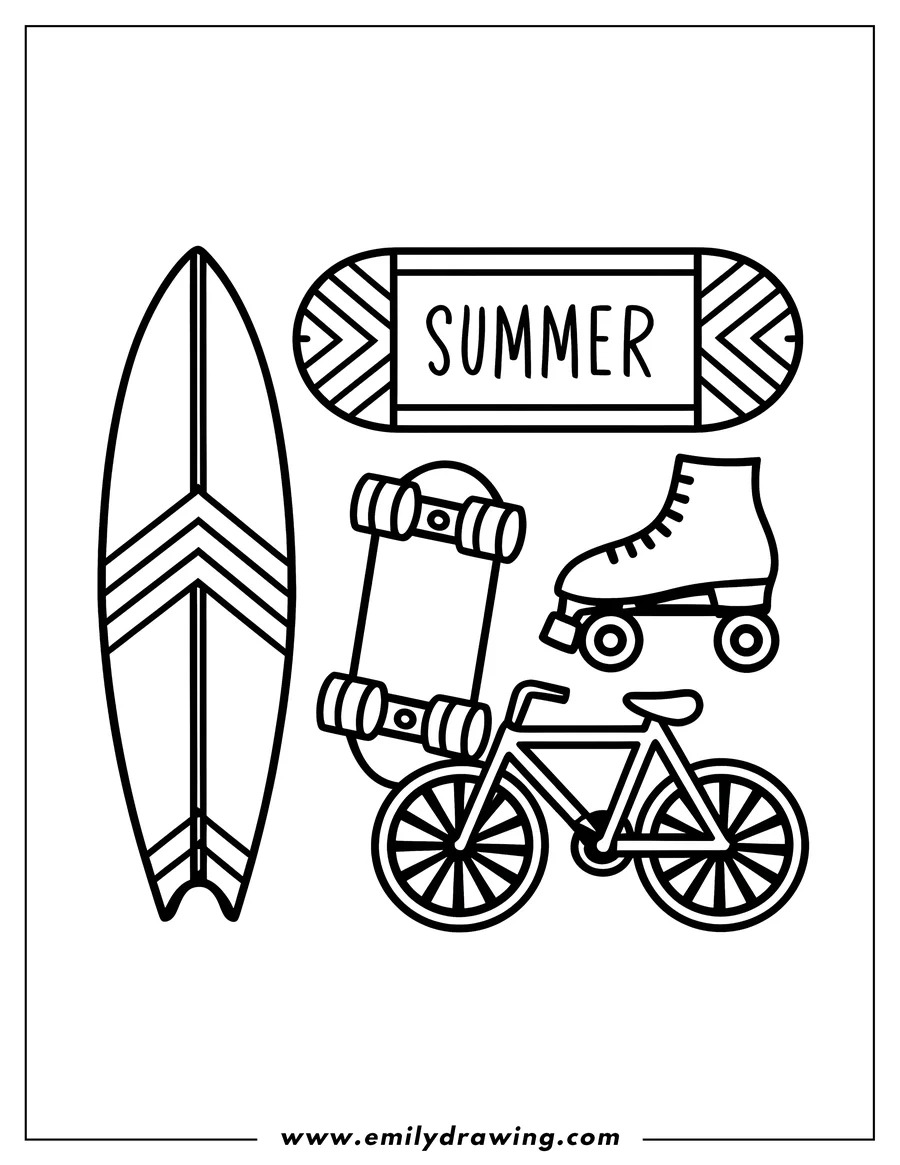 Line art illustration of summer sports equipment: a surfboard, a skateboard, roller skates, and a bicycle.