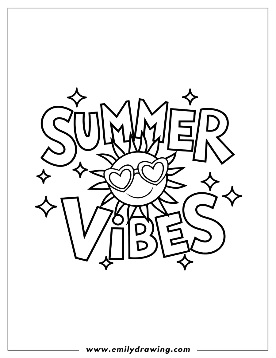Line art of a smiling sun wearing heart-shaped sunglasses, with the words 'Summer Vibes' and sparkles around it.