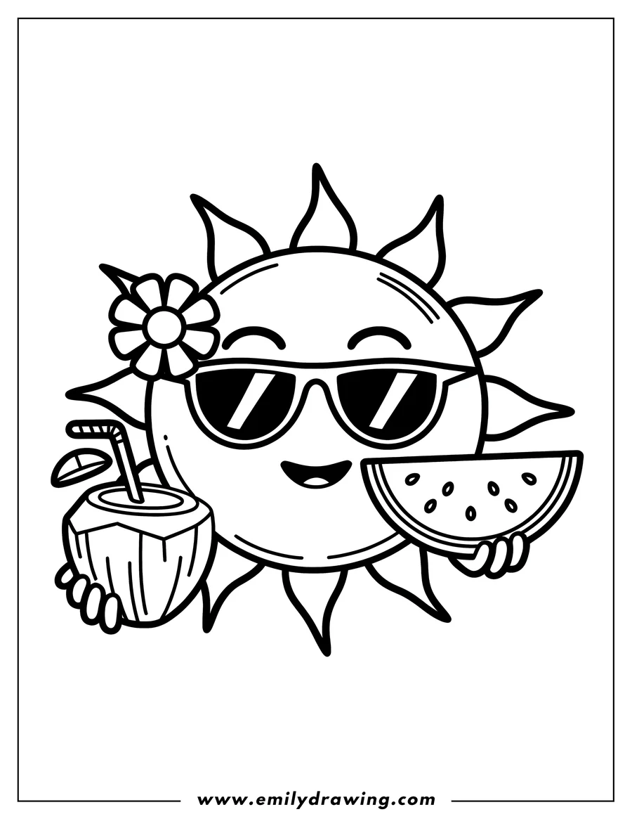 Line art of a smiling sun wearing sunglasses, holding a slice of watermelon and a coconut drink with a flower tucked behind its ear.
