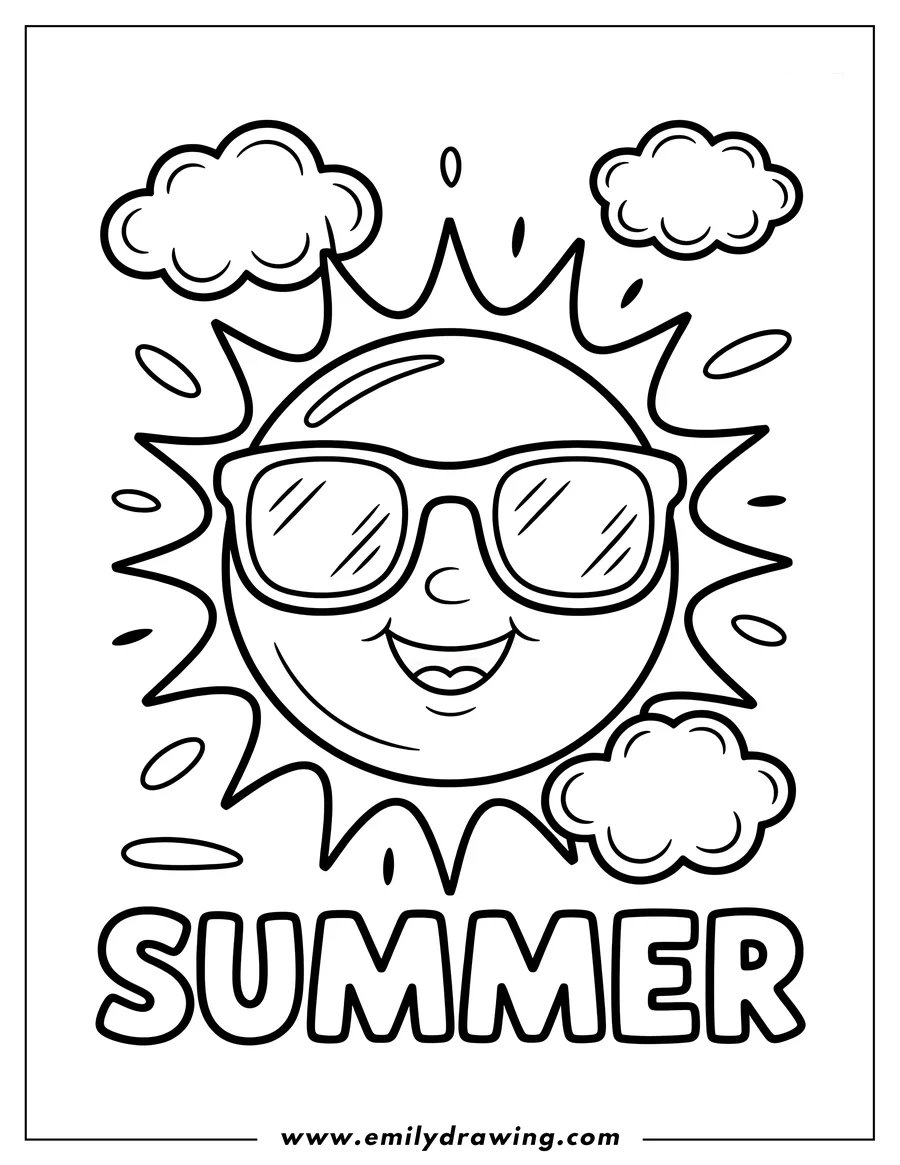 Line art of a smiling sun wearing sunglasses, surrounded by fluffy clouds.
