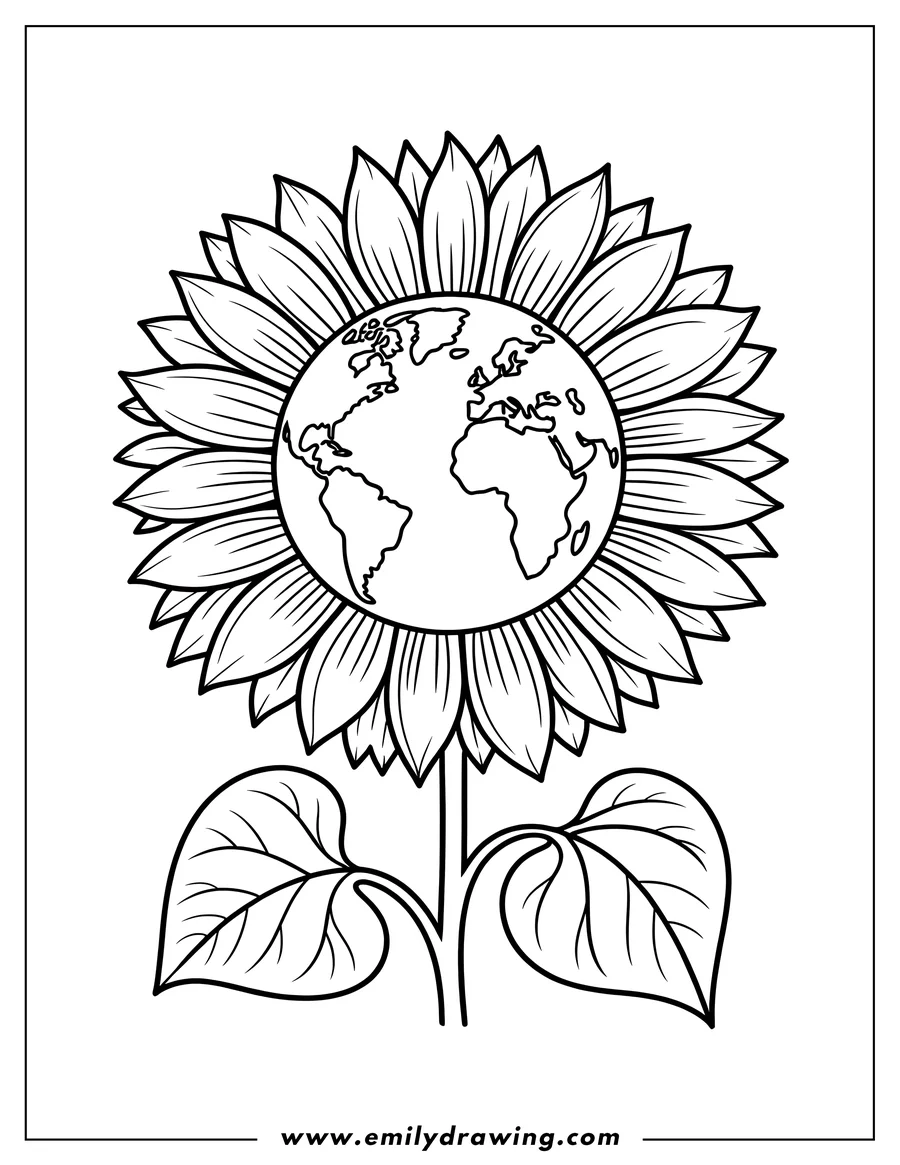 Line art of a sunflower with the Earth at its center. The continents are clearly visible within the flower's head.