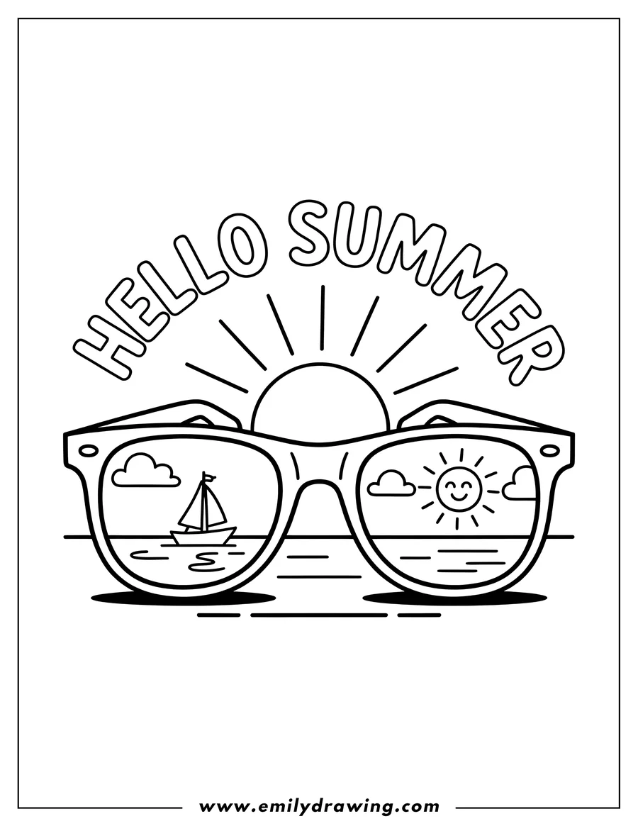 Line art of sunglasses with a summer scene reflected in the lenses. One lens shows a sailboat on the water, the other shows a smiling sun and clouds.