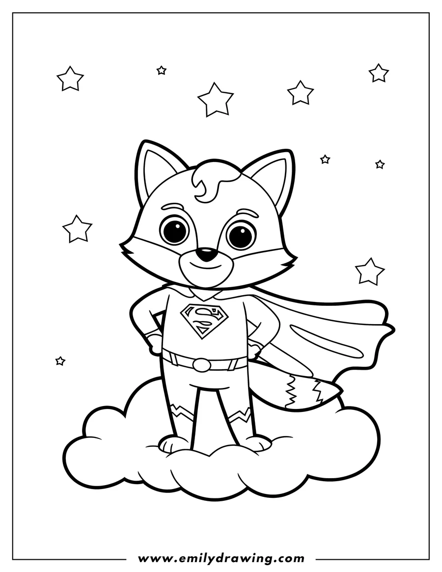 Line art of a fox dressed as a superhero, standing on a cloud with stars in the background.