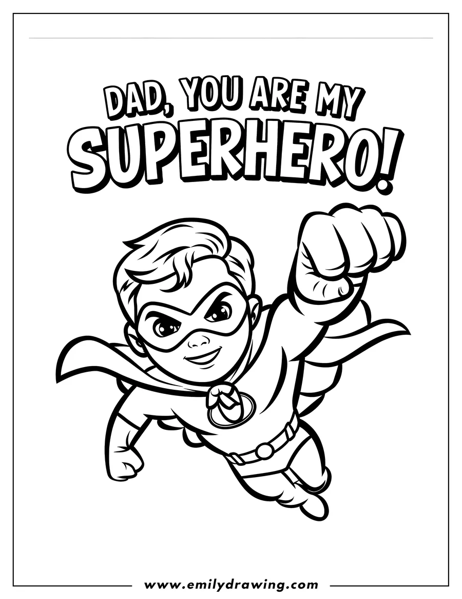 Line art of a superhero flying with a determined expression. He wears a cape and mask.