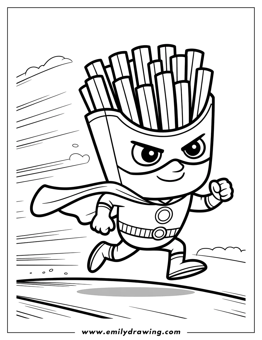 Line art of superhero French fries running. The fries are wearing a cape and a superhero costume.