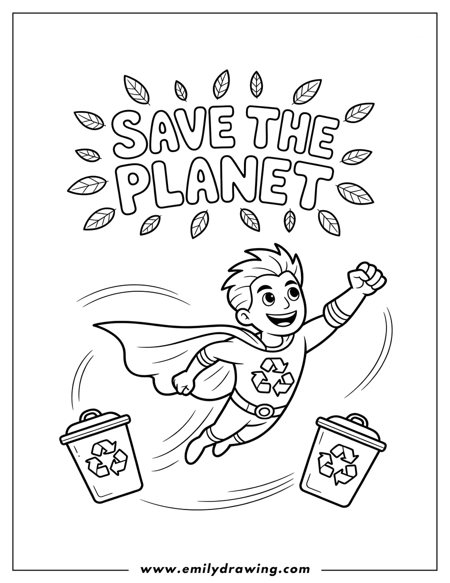Line art of a superhero with a recycling symbol on his chest, flying with recycling bins. The words 'Save the Planet' are at the top.