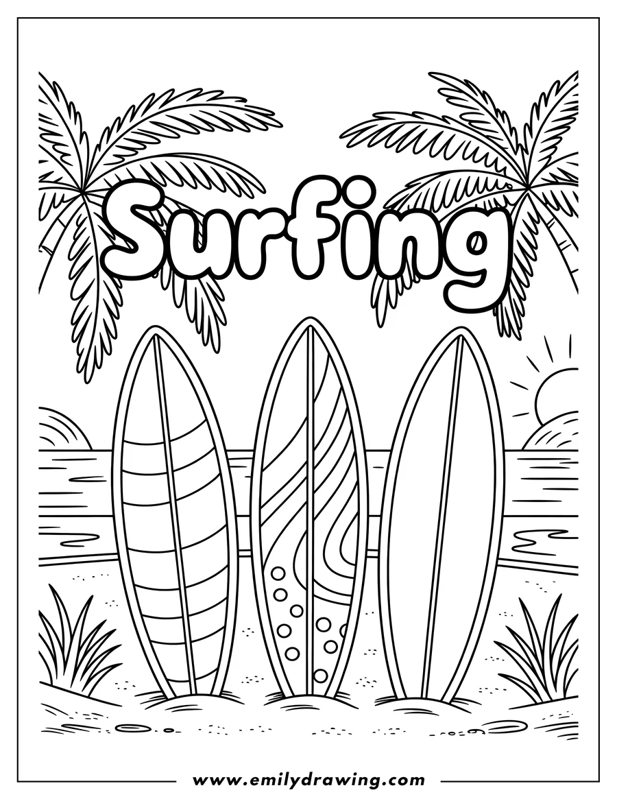 Three surfboards standing upright on a sandy beach with palm trees and the ocean in the background.