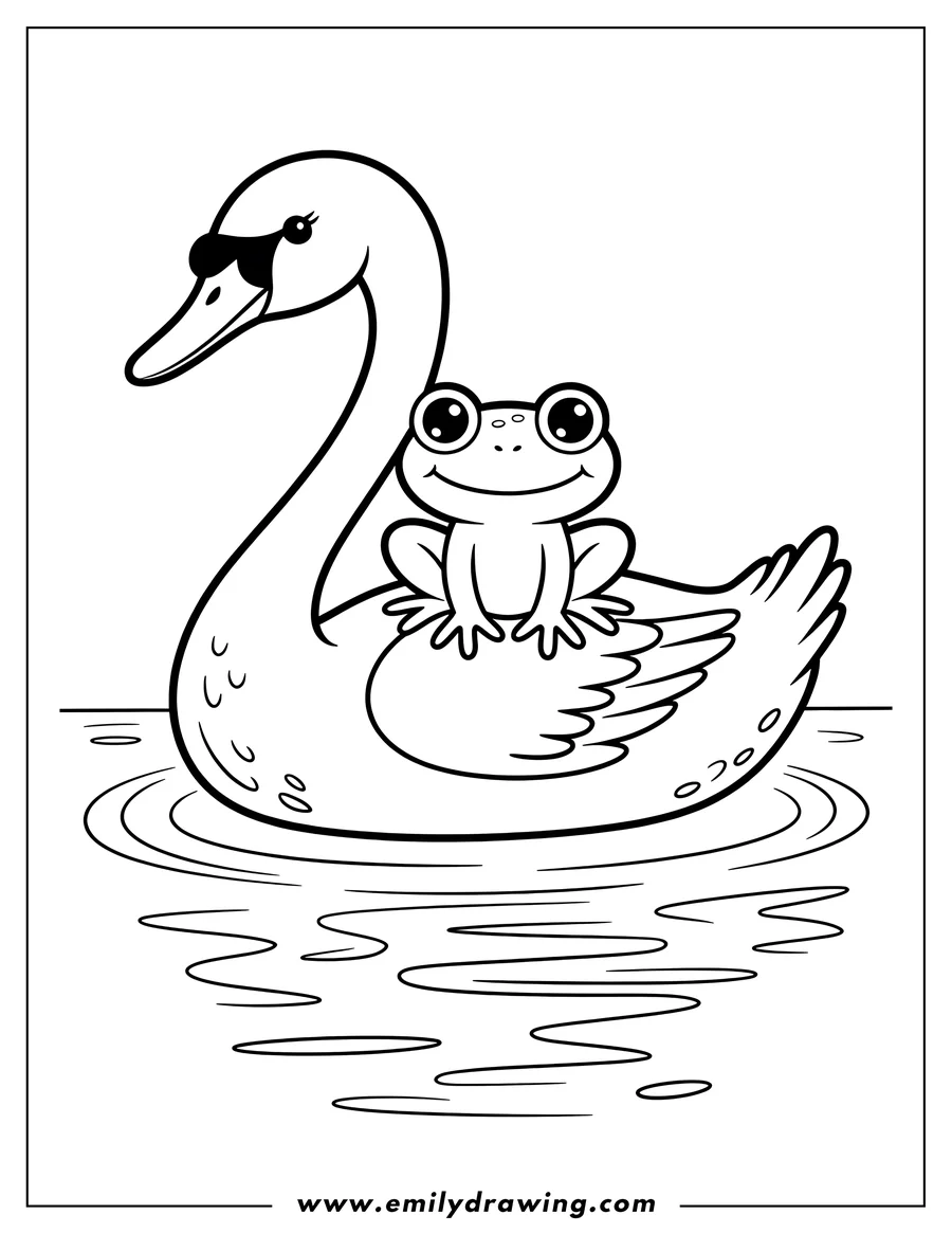 Outline of a swan wearing sunglasses with a frog sitting on its back, floating on water.