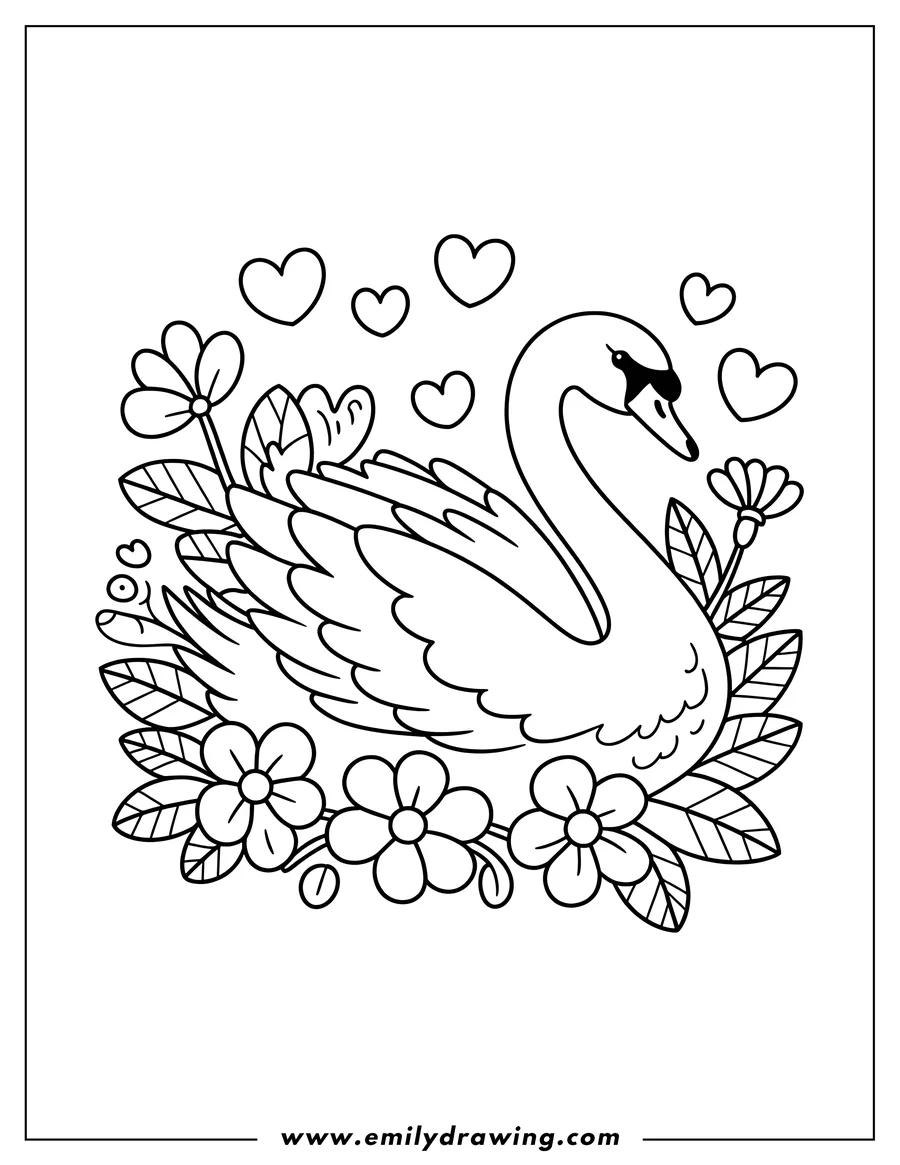 Outline of a swan surrounded by flowers and hearts.