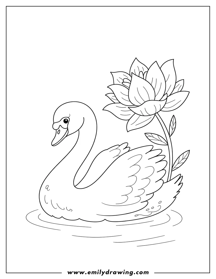 Outline of a swan swimming peacefully on water near a lotus flower.