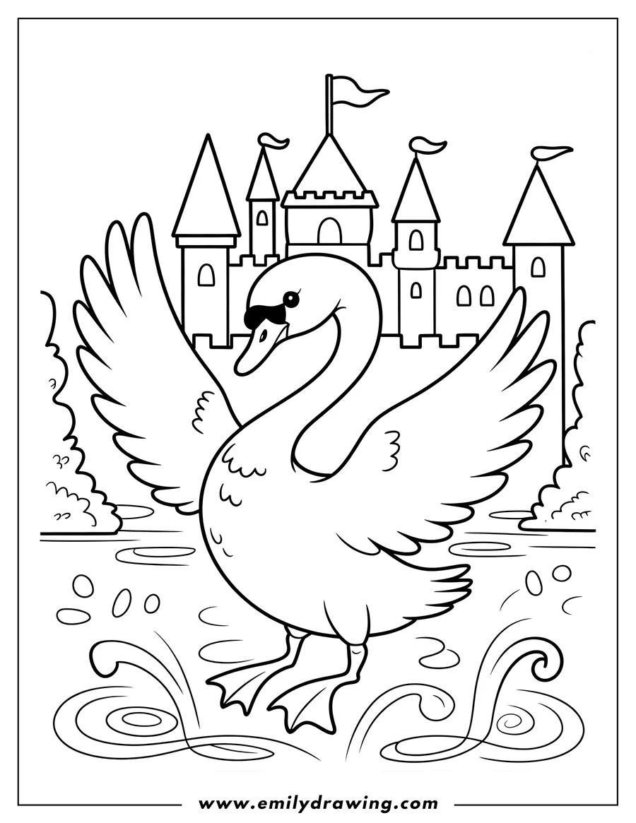 Outline of a swan with sunglasses standing in the water near a castle.