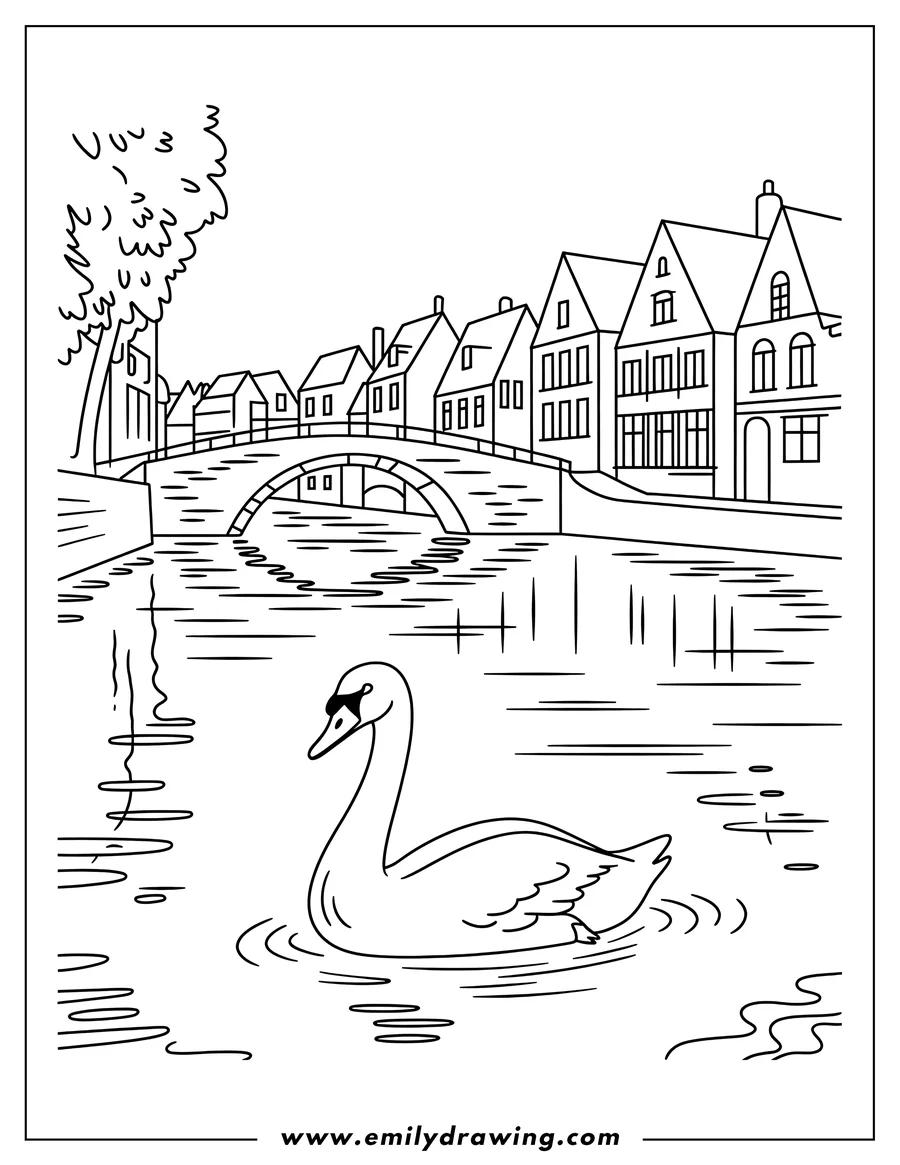 Outline of a swan swimming in a canal, beneath a bridge, and with buildings along the waterway.