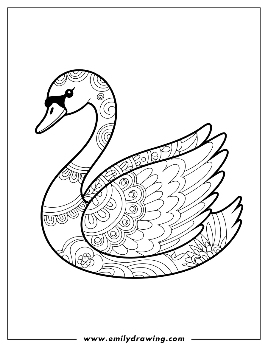 Line art of a swan with decorative patterns on its body and wings.