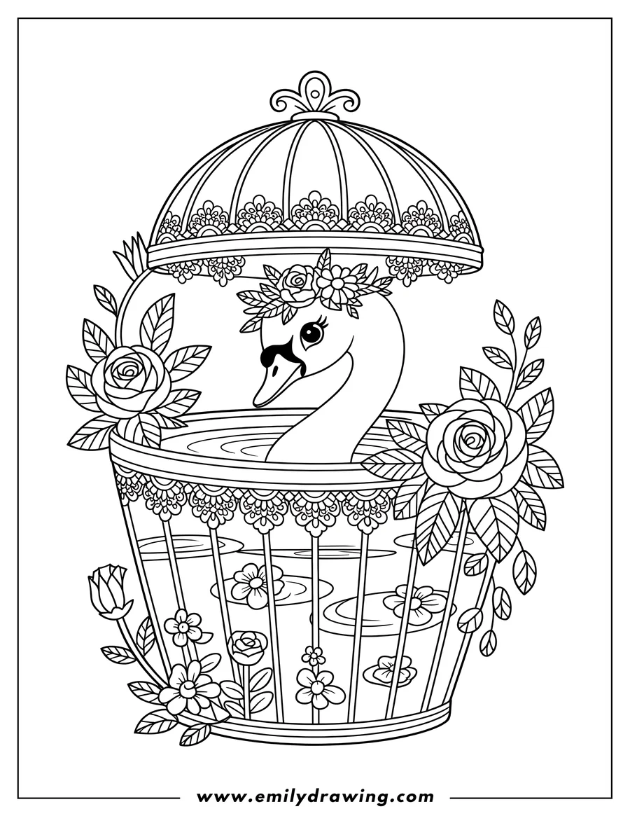 Outline of a swan wearing a flower crown, sitting in a decorative birdcage-style bath with water and surrounded by flowers.