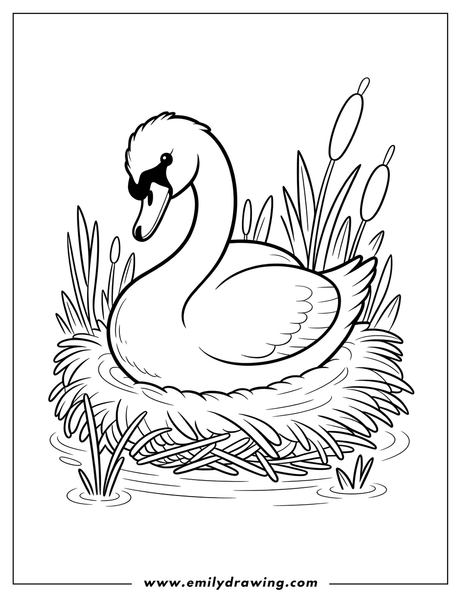 Outline of a swan sitting in its nest on the water, surrounded by reeds.