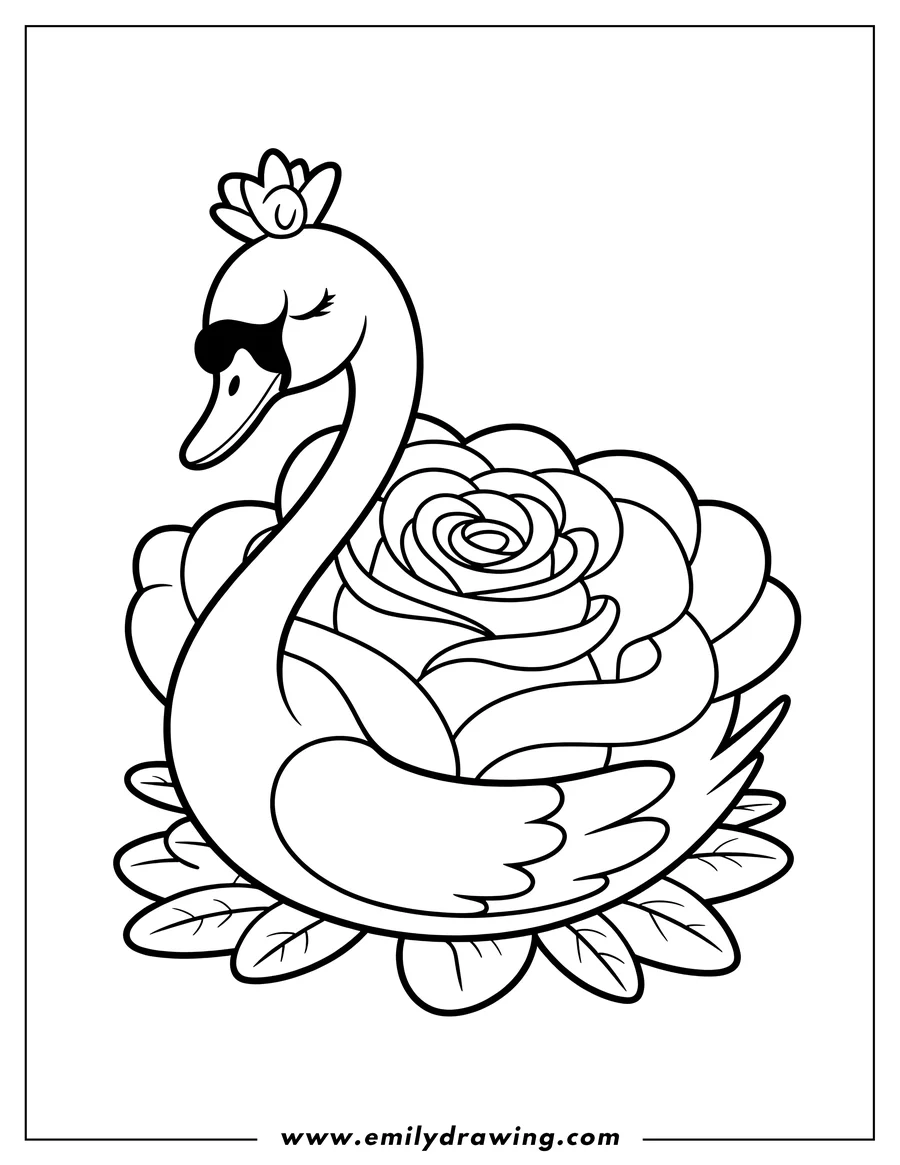 Line art of a swan sitting in a large rose, with leaves underneath.