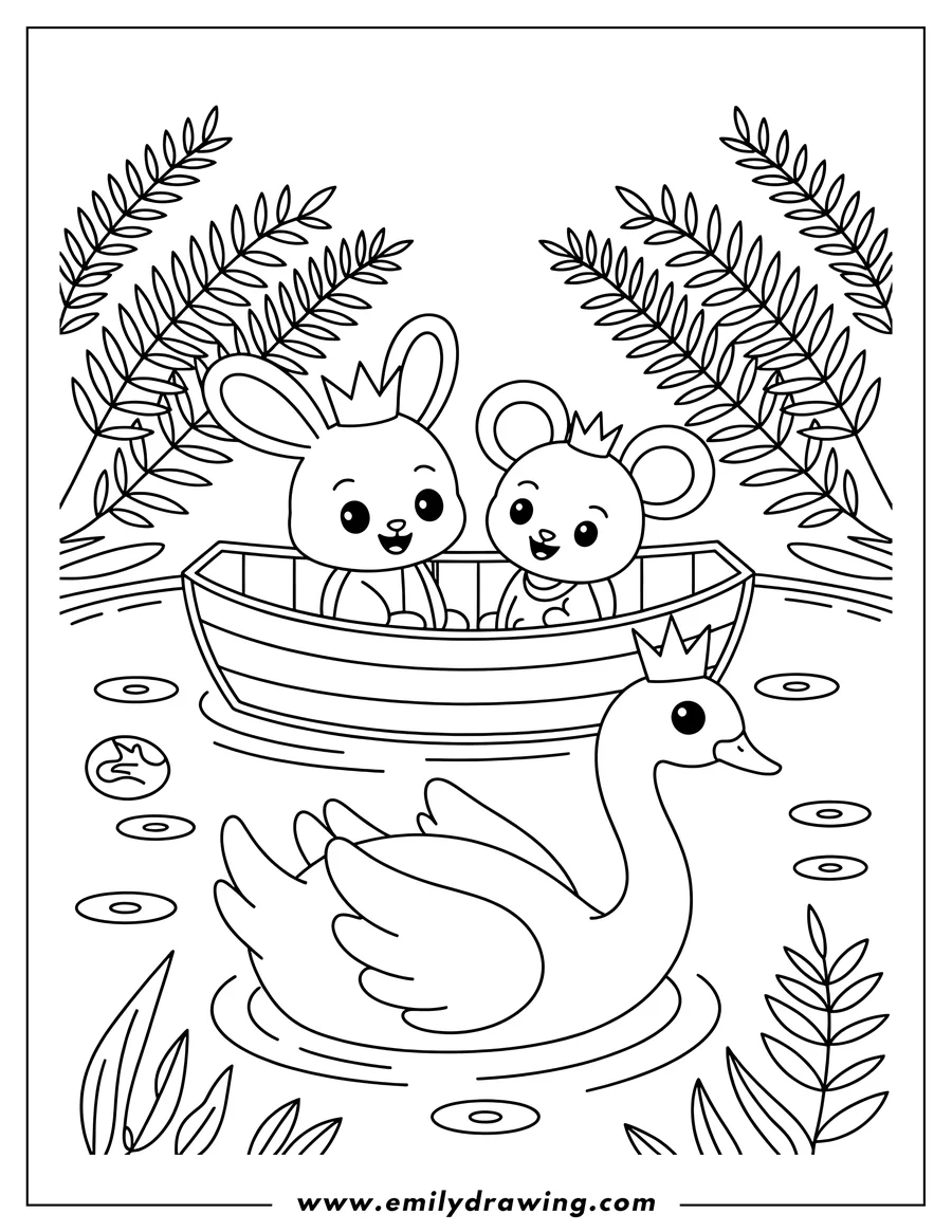 Outline of a swan swimming in a pond with lily pads, while a bunny and a mouse wearing crowns sit in a nearby rowboat.
