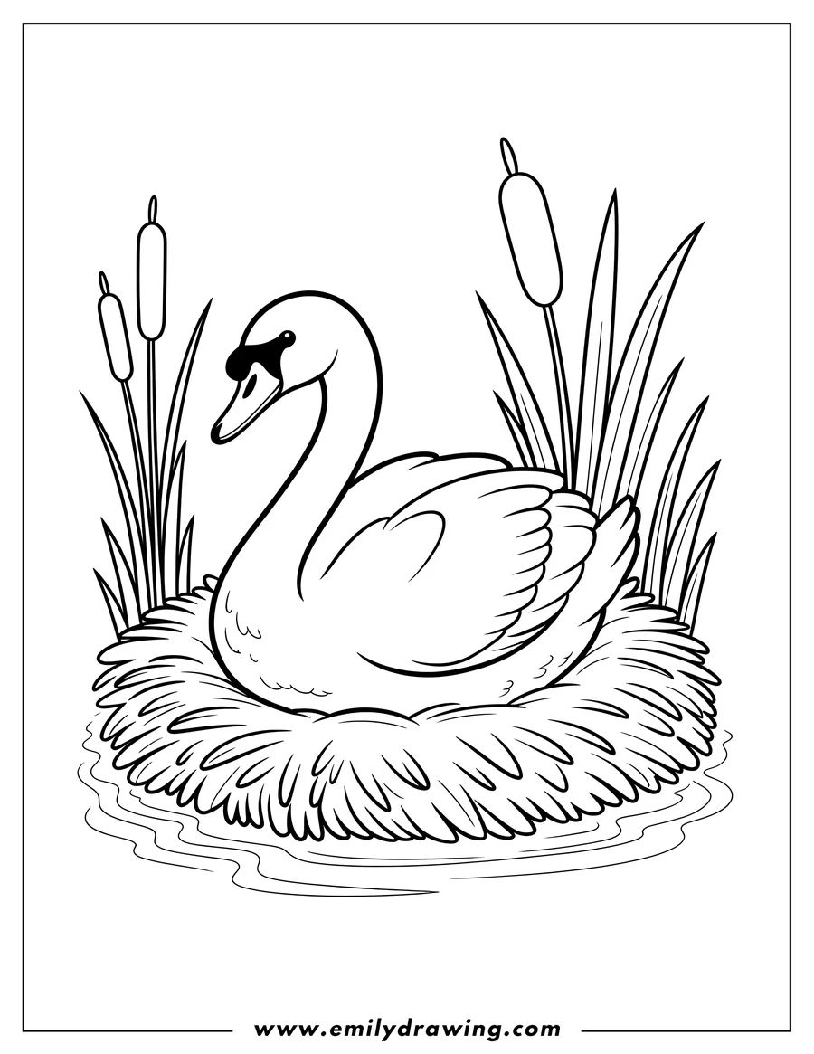 Outline of a swan sitting in its nest on the water, with reeds and cattails in the background.