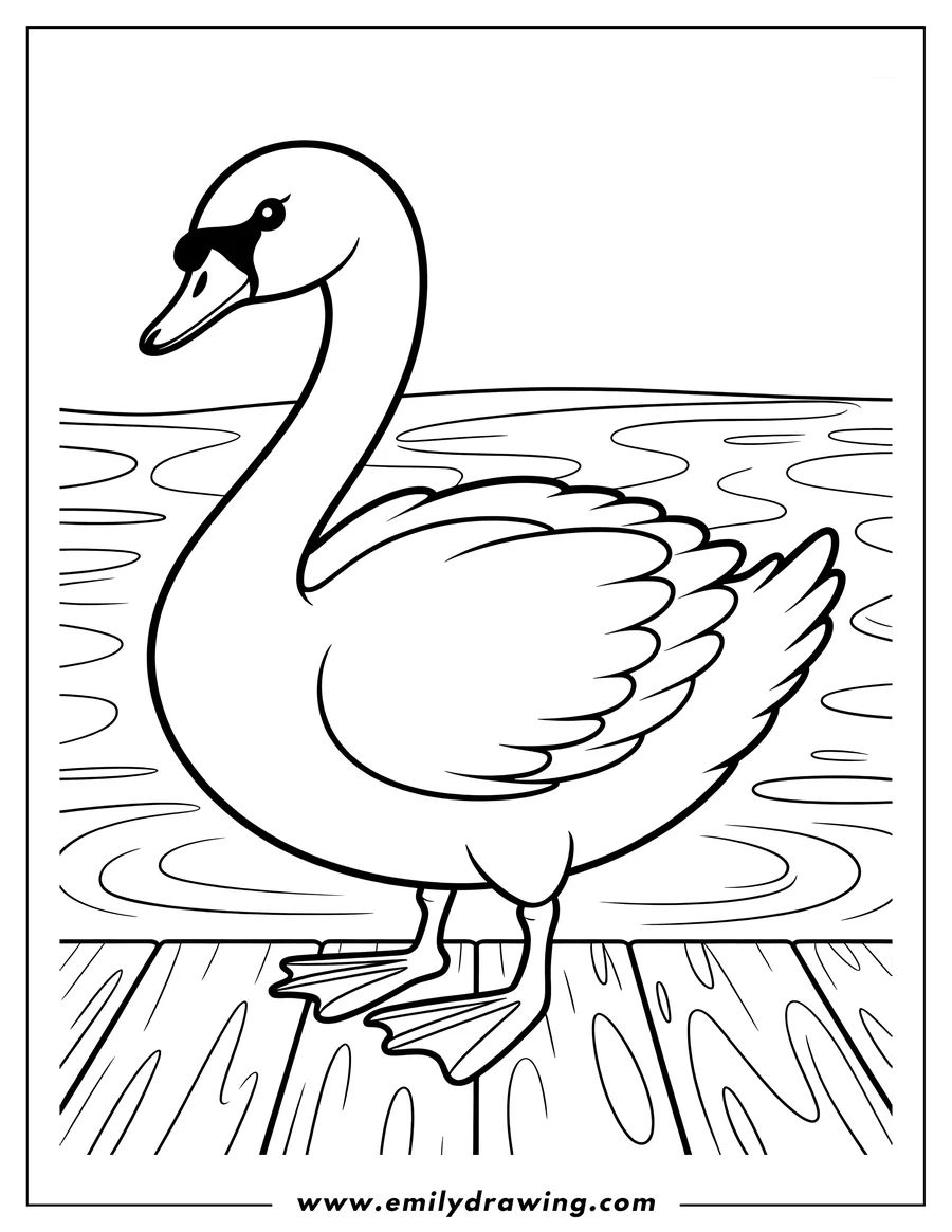 Outline of a swan standing on a wooden dock by the water.