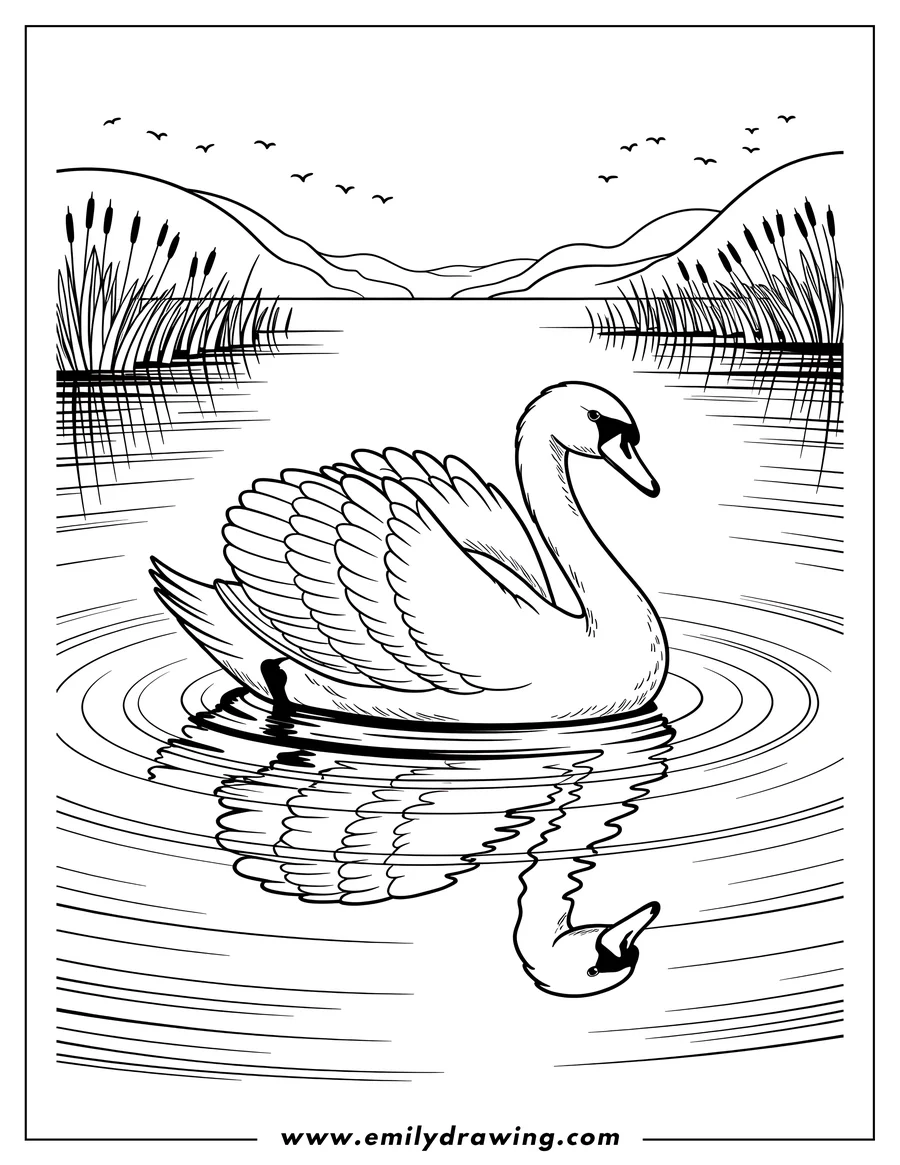 Outline of a swan serenely floating on a lake, surrounded by gentle ripples and reeds in the background.