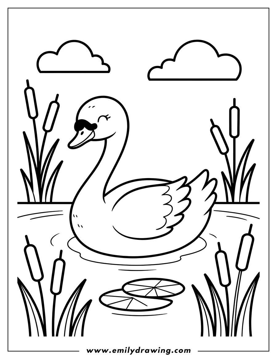 Outline of a swan swimming on a pond with lily pads and cattails.